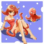  arm_support bare_shoulders barefoot blue_background bubble casual_one-piece_swimsuit costume frame gen_2_pokemon knees_together_feet_apart knees_up leaning_back lowres moemon nail_polish octillery one-piece_swimsuit one-piece_tan personification pokemon pokemon_(creature) red_hair red_nails red_swimsuit simple_background sitting solo strap_slip swimsuit tan tanline tenjou_ryuka tentacles 