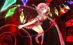  blonde_hair crystal dress flandre_scarlet flying glowing hat hat_ribbon holding kneehighs laevatein legs ll.ee. outstretched_arms red red_eyes ribbon shoes short_hair short_sleeves smile socks solo spread_arms stairs touhou tower wallpaper weapon window wings 