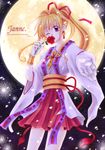  bad_id bad_pixiv_id blonde_hair bracelet chisa cross earrings flower full_moon gloves holding jewelry kaitou_jeanne kamikaze_kaitou_jeanne kusakabe_maron long_hair moon obi one_eye_closed outstretched_arm outstretched_hand petals ponytail purple_eyes ranguage rose sash skirt solo wide_sleeves 