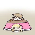  blonde_hair brown_hair drooling food fruit hidamari_sketch kotatsu mandarin_orange miyako moja_(gibson) multiple_girls sleeping table yuno 