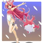  :&gt; :d alternate_costume armpits barefoot casual_one-piece_swimsuit coral corsola costume gen_2_pokemon horns knife legband legs long_hair lowres moemon one-piece_swimsuit open_mouth outstretched_arm outstretched_hand personification pokemon pokemon_(creature) sheath sheathed smile solo swimsuit tenjou_ryuka thigh_strap very_long_hair weapon 