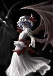  bad_id bad_pixiv_id dress epic fang frills glowing glowing_eye hat highres horror_(theme) mbby pale_skin pointing purple_hair red_eyes remilia_scarlet short_hair solo touhou wings 