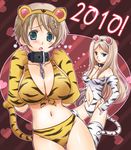  2girls akari_seisuke animal_ears animal_print aqua_eyes axis_powers_hetalia belarus_(hetalia) bikini blue_eyes blush breasts brown_hair chain cleavage collar front-tie_top hair_ornament hairband hand_on_hip heart highleg highleg_swimsuit large_breasts long_hair multiple_girls navel new_year off_shoulder open_mouth paws short_hair swimsuit tail tears thigh_gap thighhighs tiger_ears tiger_print tiger_tail ukraine_(hetalia) very_long_hair x_hair_ornament 