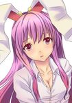  animal_ears bad_id bad_pixiv_id breasts breath bunny_ears cleavage collarbone face highres long_hair medium_breasts miu_(angelo_whitechoc) open_clothes open_shirt purple_eyes purple_hair red_eyes reisen_udongein_inaba shirt solo touhou 