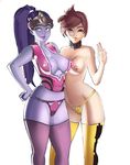  adapted_costume areola_slip areolae bangs blonde_hair blue_hair breasts cleavage collar forehead_protector hand_on_hip highres lips long_hair micro_panties multiple_girls nipple_piercing nipple_rings overwatch panties piercing ponytail purple_legwear purple_panties purple_skin short_hair smile swept_bangs thighhighs topless tracer_(overwatch) tumtumisu underwear v very_short_hair widowmaker_(overwatch) yellow_legwear yellow_panties 