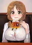  absurdres ameyame beer_mug blush breasts brown_eyes brown_hair bursting_breasts button_gap cleavage cup highres holding holding_cup idolmaster idolmaster_cinderella_girls katagiri_sanae large_breasts open_mouth short_hair short_twintails solo sweat twintails unbuttoned 