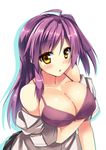  :o ahoge blouse blush bra breast_rest breasts collarbone hagikaze_(kantai_collection) kantai_collection large_breasts long_hair looking_at_viewer one_side_up open_blouse open_clothes open_mouth purple_bra purple_hair ryokushiki_(midori-ya) short_sleeves simple_background solo underwear white_background white_blouse yellow_eyes 