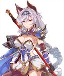  animal_ears armor brown_eyes erune granblue_fantasy heles polearm silver_hair skirt solo spear sumeshi_(ginshari40) weapon 