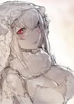  black_sclera breasts cleavage elbow_gloves fur_collar gloves insect_girl large_breasts long_hair mashiro_(solopipb) monochrome monster_girl moth_girl original red_eyes sketch solo solopipb spot_color veil 