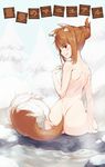  animal_ears arm_support ass atorosu brown_hair covering from_behind hair_up holo looking_back nude nude_cover onsen red_eyes smile solo spice_and_wolf steam tail towel water wolf_ears wolf_tail 