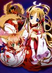  animal_ears antenna_hair azuma_hatsumi black_legwear blonde_hair blue_eyes brown_hair comb combing fox_tail fujihime green_eyes highres japanese_clothes kimono kitsune long_hair looking_up lying meirin_(yamibou) miko multiple_girls nishida_asako official_art sitting sleeves_past_wrists tail thighhighs very_long_hair wide_sleeves yami_to_boushi_to_hon_no_tabibito zettai_ryouiki 