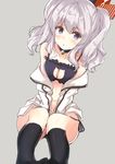  :t bell black_legwear blush breast_squeeze breasts cat_lingerie cleavage grey_background grey_eyes jingle_bell kantai_collection kashima_(kantai_collection) kneehighs large_breasts looking_at_viewer meme_attire military military_uniform mitsuki_yuu off_shoulder panties pout side-tie_panties sidelocks silver_hair simple_background solo tsurime twintails underwear uniform wavy_hair 