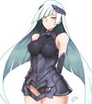  armor bad_id bad_pixiv_id black_armor blush breasts brynhildr_(fate) cosplay dress fate/grand_order fate/prototype fate/prototype:_fragments_of_blue_and_silver fate_(series) gitakua long_hair mash_kyrielight mash_kyrielight_(cosplay) medium_breasts navel purple_eyes silver_hair solo very_long_hair white_background 