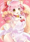  animal_ears apron bell bell_collar blush breasts chocolate chocolate_heart cleavage collar covered_nipples fangs fate/grand_order fate_(series) fox_ears fox_tail gloves hair_ribbon heart highres large_breasts long_hair looking_at_viewer naked_apron open_mouth paw_gloves paws pink_hair ribbon shinonome86 solo tail tamamo_(fate)_(all) tamamo_cat_(fate) type-moon yellow_eyes 