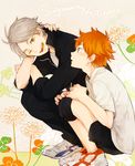  blush brown_eyes character_name crossed_arms eye_contact facial_mark flower from_side full_body grey_hair haikyuu!! hand_on_own_neck hinata_shouyou knee_pads looking_at_another male_focus mole multiple_boys one_eye_closed open_mouth orange_hair profile shina-love shirt shoes shorts sleeves_rolled_up smile sneakers socks squatting sugawara_koushi t-shirt thick_eyebrows track_suit white_shirt 