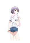  ass cover dvd_cover glasses gym_shorts gym_uniform lowres nagato_yuki nagato_yuki-chan_no_shoushitsu purple_hair shorts solo suzumiya_haruhi_no_shoushitsu suzumiya_haruhi_no_yuuutsu towel towel_around_neck 