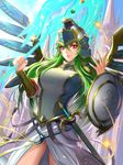  armor athena_(p&amp;d) bracer dress green_hair helmet highres kisina long_hair looking_at_viewer nail_polish polearm puzzle_&amp;_dragons red_eyes sheath sheathed shield solo spear sword weapon wings 
