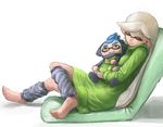  alternate_hairstyle barefoot casual ceramic_man chair character_doll closed_eyes commentary_request domino_mask dress full_body green_dress hair_down hotaru_(splatoon) inkling leg_warmers long_hair mask mole mole_under_eye pillow pointy_ears sleeping solo splatoon_(series) splatoon_1 squidbeak_splatoon stuffed_toy sweater sweater_dress tentacle_hair white_background 