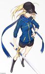  ahoge artoria_pendragon_(all) baseball_cap blonde_hair blue_scarf boots excalibur famepeera fate/stay_night fate_(series) green_eyes hand_on_hip hat jacket knee_boots mysterious_heroine_x ponytail rojiura_satsuki:_chapter_heroine_sanctuary scarf shorts solo sword track_jacket weapon 