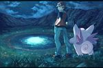  baseball_cap black_shirt brown_hair clefable clefairy closed_eyes cloud cloudy_sky denim field flower flower_field gen_1_pokemon grass hands_in_pockets hat jeans lake looking_at_viewer looking_back moonlight mountain night night_sky outdoors pants pippi_(pixiv_1922055) plant pointy_ears pokemon pokemon_(creature) pokemon_(game) pokemon_frlg red_(pokemon) red_(pokemon_frlg) reflection rock shirt short_hair short_sleeves sky standing star star_(sky) starry_sky vest water wings 