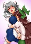  apron bearhug blue_dress blush bow braid breasts brown_hair closed_eyes covered_nipples dress drooling hair_bow highres izayoi_sakuya large_breasts long_hair maid maid_apron miniskirt multiple_girls open_mouth reiuji_utsuho revision shirt silver_hair skirt smile tears thighhighs touhou trembling twin_braids very_long_hair white_legwear wrist_cuffs yazuki_gennojou yuri zettai_ryouiki 