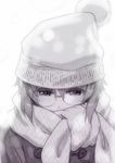  beanie blush bobblehat covering_mouth glasses greyscale hat highres looking_down monochrome nagato_yuki nagato_yuki-chan_no_shoushitsu puyo rimless_eyewear scarf simple_background solo suzumiya_haruhi_no_shoushitsu suzumiya_haruhi_no_yuuutsu upper_body white_background 