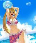  absurdres artist_name ass_visible_through_thighs bad_anatomy ball beach beachball bikini blonde_hair blue_sky breasts cloud day fairy_tail gaston18 highres large_breasts legs long_hair lucy_heartfilia outdoors plue ponytail sand sky smile solo swimsuit teeth thighs water waves 