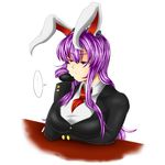  1girl :t animal_ears blazer blouse bored breasts bugge_man bunny_ears bunny_tail jacket large_breasts lavender_hair long_hair necktie purple_hair red_eyes red_neckwear reisen_udongein_inaba solo speech_bubble spoken_ellipsis tail touhou 