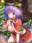  asgard_no_seiten blush bow box breasts capelet character_request christmas christmas_tree cleavage copyright_name finger_to_mouth gift gift_box green_bow green_eyes hair_bow large_breasts official_art plaid plaid_skirt pochadon purple_hair skirt solo sparkle 