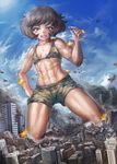  :d abs aircraft airplane akiyama_yukari bare_legs bare_shoulders barefoot biceps bikini blue_sky blush breasts brown_eyes brown_hair building camouflage camouflage_bikini camouflage_shorts city clenched_hand collarbone day destruction evil_smile explosion fire firing flame flying full_body giantess girls_und_panzer half-closed_eyes hand_on_hip helicopter holding jet kneeling midriff motion_blur muscle muscular_female navel open_mouth outdoors short_hair shorts sky small_breasts smile solo_focus speed_lines sweat sweatdrop swimsuit v-shaped_eyebrows wet yilx 