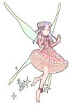  ankle_ribbon bangs barefoot character_request detached_sleeves dress fairy fairy_wings flower frilled_dress frills full_body hair_flower hair_ornament himeou_to_saigo_no_kishidan lavender_hair long_hair looking_at_viewer official_art pink_dress pink_eyes pointy_ears ribbon shoe-ji simple_background smile solo swept_bangs white_background wings 
