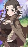  bad_id bad_pixiv_id blush breasts brown_hair cape cleavage echizen_(hvcv) fire_emblem fire_emblem_if flower freckles hair_flower hair_ornament lance large_breasts long_hair mozume_(fire_emblem_if) open_mouth polearm solo twintails weapon 