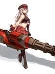  alisa_ilinichina_amiella bare_shoulders black_footwear black_gloves black_legwear blue_eyes boots breasts cabbie_hat elbow_gloves fingerless_gloves gloves god_eater god_eater_burst gun hammerman_benkei hat holding holding_weapon huge_weapon long_hair looking_at_viewer medium_breasts pantyhose silver_hair simple_background skirt smile solo suspender_skirt suspenders thigh_boots thighhighs underboob weapon 