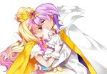  1girl blonde_hair bow brooch cape couple cowboy_shot cravat cure_flora edoya_pochi eye_contact gloves go!_princess_precure grand_princess_(go!_princess_precure) haruno_haruka hetero jewelry long_hair looking_at_another magical_girl multicolored_hair pink_bow pink_hair popped_collar precure prince_kanata purple_hair two-tone_hair white_background white_gloves 