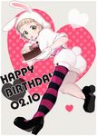  abe_(kumayu) animal_hood bad_id bad_twitter_id blush brown_hair bunny_hood bunny_tail cake dated eating food fork full_body green_eyes happy_birthday highres himeno_kanon hood idolmaster idolmaster_side-m male_focus mittens open_mouth shorts single_thighhigh solo striped striped_legwear tail thighhighs 