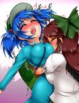  backpack bag bearhug bird_wings black_wings blue_hair blush bow breast_smother breasts brown_hair closed_eyes covered_nipples hair_bobbles hair_bow hair_ornament hat highres kawashiro_nitori large_breasts long_sleeves multiple_girls puffy_sleeves reiuji_utsuho revision ryona shirt skirt sweat touhou twintails two_side_up wings yazuki_gennojou yuri 