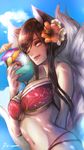  ahri alternate_costume alternate_hairstyle arm_behind_back bibiko black_hair breasts cup from_side hair_over_one_eye hair_up highres large_breasts league_of_legends licking_lips long_hair looking_at_viewer midriff multiple_tails navel one_eye_closed slit_pupils solo tail tongue tongue_out underboob upper_body whisker_markings yellow_eyes 