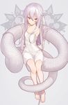  bangs bare_shoulders barefoot collarbone dress facial_mark full_body highres hitoshi long_hair looking_at_viewer no_arms original red_eyes simple_background snake_tail solo tail very_long_hair white_dress white_hair 
