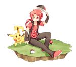  fingerless_gloves gen_1_pokemon gloves haru.jpg hat hat_removed headwear_removed jewelry pendant pikachu poke_ball pokemon pokemon_(creature) ponytail red_eyes red_hair sitting smile transparent_background utau vest 