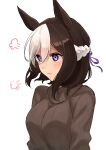  1girl =3 absurdres angry animal_ears breasts brown_hair commentary highres horse_ears horse_girl inuyabu_cc jewelry medium_breasts multicolored_hair necklace purple_eyes special_week_(umamusume) streaked_hair sweater turtleneck turtleneck_sweater umamusume white_background 