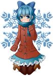  &gt;:( 4_ii_il black_ribbon blue_bow blue_eyes blue_hair blue_scarf blue_skirt blush boots bow brown_footwear brown_gloves cirno coat duffel_coat eyebrows eyebrows_visible_through_hair frown full_body gloves hair_bow highres knee_boots kneeling long_sleeves looking_at_viewer pantyhose pocket red_coat ribbon scarf shoelaces simple_background skirt sleeves_past_wrists snowflake_background snowflakes solo sweat tareme thigh_gap touhou v-shaped_eyebrows white_background 