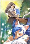  animal_ears artist_request bare_shoulders blue_hair cat_ears cat_tail child closed_eyes felicia glasses habit happy hug lamppost multiple_girls nun old_woman one-eyed parted_lips signature sleeping tail traditional_media vampire_(game) younger 