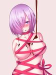  absurdres arms_behind_back blush breasts chocolate dripping ebon fate/grand_order fate_(series) hair_over_one_eye highres large_breasts mash_kyrielight naked_ribbon purple_eyes purple_hair restrained ribbon short_hair solo valentine 