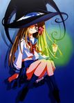  azuma_hatsumi blue_skirt hat highres lamp legs long_hair looking_at_viewer official_art petticoat skirt slip_showing socks solo yami_to_boushi_to_hon_no_tabibito 