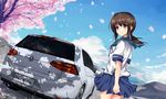  absurdres brown_eyes brown_hair car cherry_blossoms dutch_angle fubuki_(kantai_collection) ground_vehicle highres kantai_collection long_hair low_ponytail motor_vehicle petals ponytail school_uniform serafuku short_ponytail skirt solo tianyu_jifeng tree volkswagen volkswagen_golf 