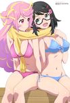  :d absurdres amasaki_manamu animedia bikini black_hair blue_bikini breasts cleavage front-tie_top glasses green_eyes hair_bun highres large_breasts luck_&amp;_logic multiple_girls navel official_art open_mouth pink_bikini pink_eyes pink_hair scan scarf semi-rimless_eyewear shared_scarf short_hair side-by-side side-tie_bikini sitting smile swimsuit under-rim_eyewear venus_(luck_&amp;_logic) yurine_tamaki 