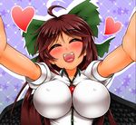  bird_wings black_wings blush bow breasts brown_hair closed_eyes covered_nipples fangs hair_bow heart highres impossible_clothes impossible_shirt incoming_hug large_breasts long_hair open_mouth reiuji_utsuho shirt smile solo third_eye touhou very_long_hair wings yazuki_gennojou 
