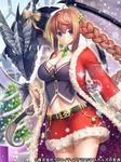 asgard_no_seiten bell belt blue_eyes bow box braid breasts brown_hair buckle buttons character_request christmas christmas_ornaments christmas_tree cleavage coat copyright_name crop_top detached_sleeves dragon fur-trimmed_coat fur_trim garland_(decoration) gift gift_box glint large_breasts long_hair looking_at_viewer midriff miniskirt official_art open_clothes open_coat pochadon red_coat red_skirt santa_costume sidelocks single_braid skirt smile solo sparkle tsurime very_long_hair watermark 