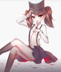  adjusting_clothes adjusting_hat bad_id bad_pixiv_id black_legwear blush brown_eyes brown_hair chromatic_aberration crossed_legs flat_chest gradient gradient_background hat kantai_collection kneehighs long_hair mallizmora navel open_mouth orange_eyes ryuujou_(kantai_collection) sitting skirt socks solo suspenders teeth torn_clothes twintails visor_cap 