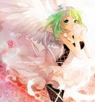  :o angel_wings bare_shoulders black_legwear character_name collarbone cowboy_shot cross-laced_clothes crown dress emerald feathered_wings flower gem green_eyes green_hair gumi hands_clasped happy_birthday head_wings highres interlocked_fingers jewelry layered_dress lips nail_polish necklace own_hands_together parted_lips pendant petals pink_nails q-chiang red_flower red_rose rose rose_petals short_hair sleeveless sleeveless_dress solo standing tareme vocaloid white_dress white_wings wings 